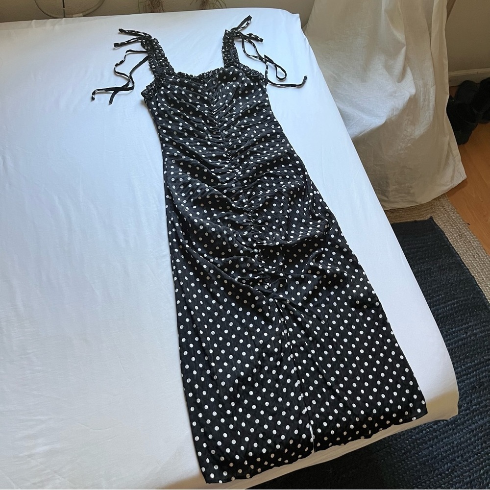 CISTAR NEW YORK black and white polka dot ruched sleeveless midi dress‎